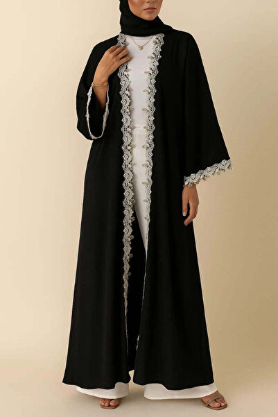 MayaCloset Premium Long Black Nidah Cap Ferace Abaya with Elegant Lace Trim