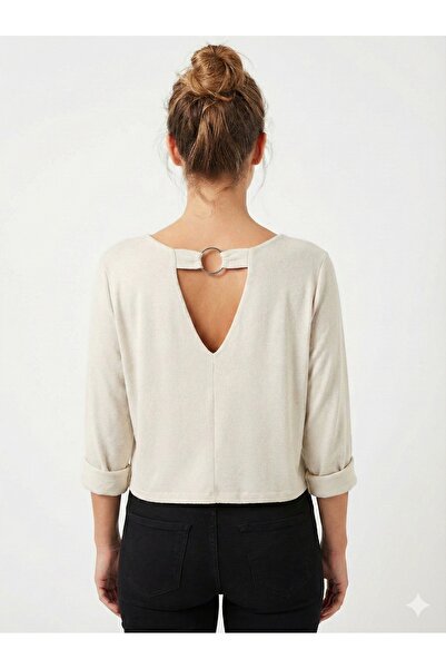 della moor Women's Beige Italian Low-Back Ring Detailed Long Sleeve Loose Knit Sweater