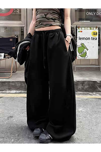 GERLAY Kadın siyah rahat kalıp bol baggy düz paça eşofman altı