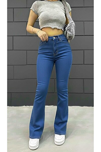 NWC بنطلون جينز إسباني طويل وواسع من الأسفل باللون الأزرق من فلورا