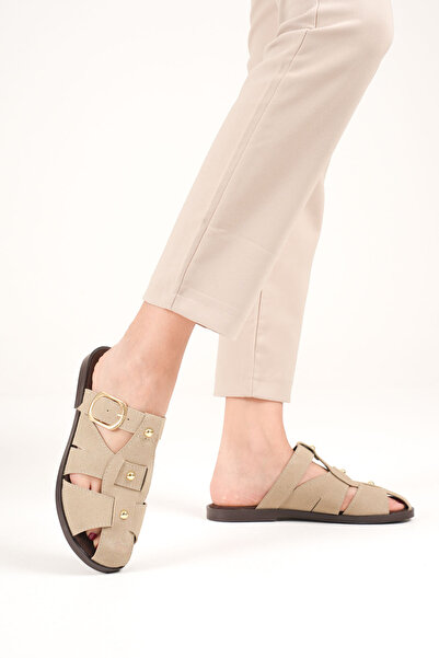 Artgoo Women's Beige Gold Detailed Casual Comfortable Soft Comfortable Sole Closed Front Slippers