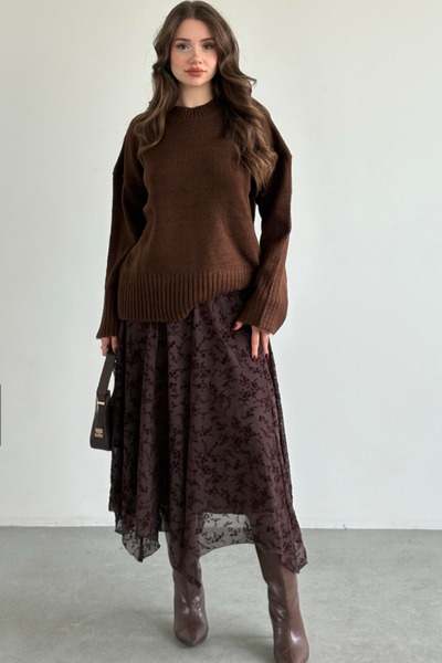 Sorridi Fusta midi cu croială asimetrică, brodată cu flori și talie elastică