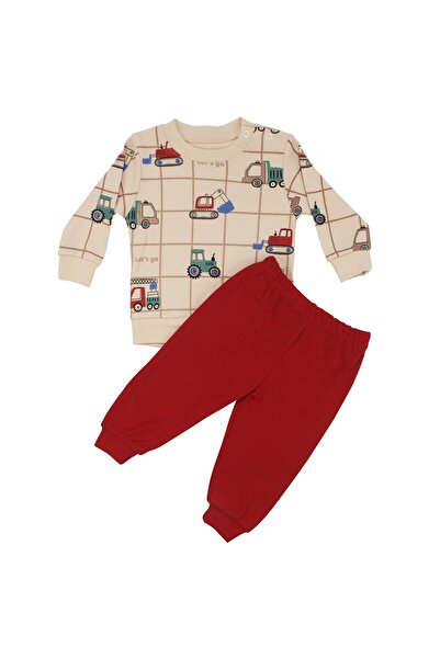 bebegen طقم تراكتور للأولاد باللون البيج والأحمر مطبوع مكون من قطعتين