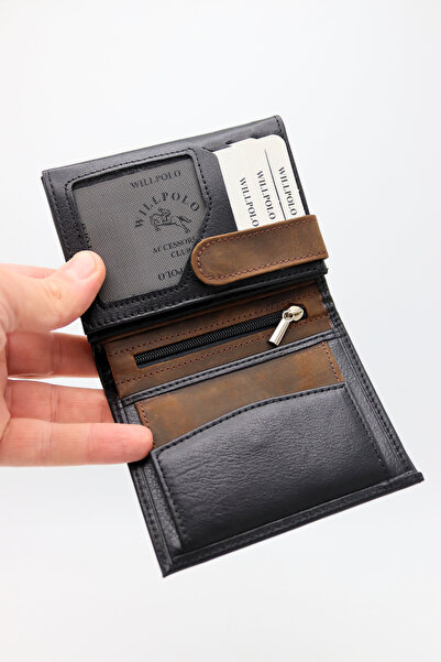 willpolo Hakiki Deri Dikey Büyük Boy Siyah-Kahve Cüzdan Kartlık