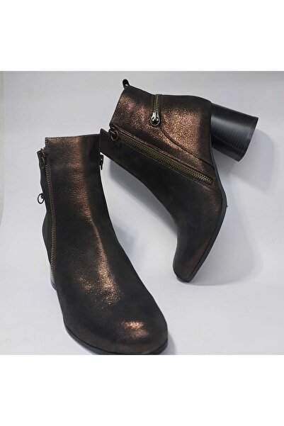 Mira Deri Genuine Leather Size 37 Brown Gilt 6.5 cm Thick Heel Zipper Detail Women's Boots Akranes