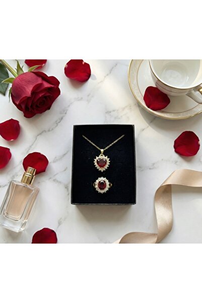 YZbuy Kırmızı Taşlı Kadın Takı Seti – Kolye + Yüzük, Zirkon Taşlı, Altın Renk...