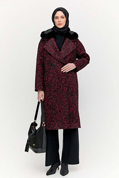 Setrms Desenli Simli Suni Kürk Detaylı Kruvaze Kaban