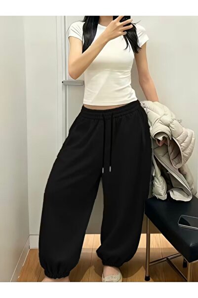 GERLAY Kadın siyah rahat kalıp paça lastik eşofman altı