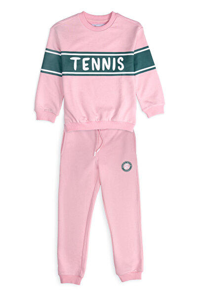 Kız Çocuk Pamuklu Bisiklet Yaka Baskılı Şardonsuz Eşofman Takımı Tenis Tennis