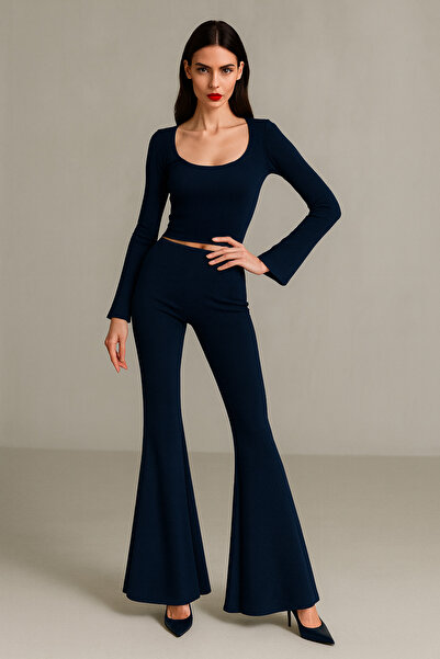 WILD BEE Women's Navy Blue Flared F Corded Fabric Set