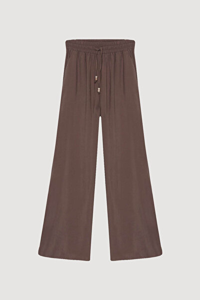 Quzu Brown Women's Trousers with Elastic Waistband and Lace Detail Pnt00253