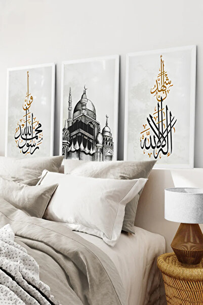 kutuTR Beyaz Çerçeveli 2D UV Baskı 3’lü MDF Tablo Set – Kâbe İllüstrasyonlu –...