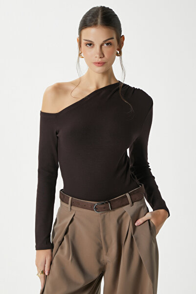 Ritnice Women's Maje Lux Touch Shoulder Detail Brown Blouse