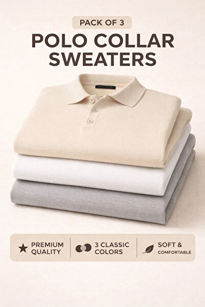 COMBİNE MİCHAİL Men's Winter Polo Collar 3-Piece Knit Sweater
