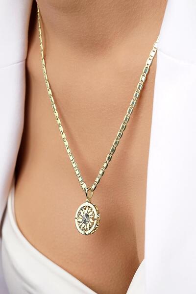 Fiyonk Kuyumculuk 14 Ayar Altın Sarı Modern Tasarım Zincirli Güneş Uçlu Kolye