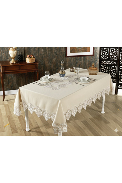 Finezza Laura Luxury Lace Glitter Linen Fabric Beige Tablecloth 160X220 Cm-1461
