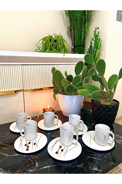 karan home seramik 6 LI TAKIM 12 PARÇA SUNUMLUK TABAKLI KAHVE FİNCANI