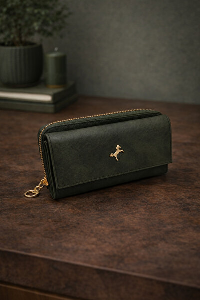 LOREVIE Kadın Siyah Fermuarlı Uzun Cüzdan Gold Aksesuarlı Şık Günlük Cüzdan