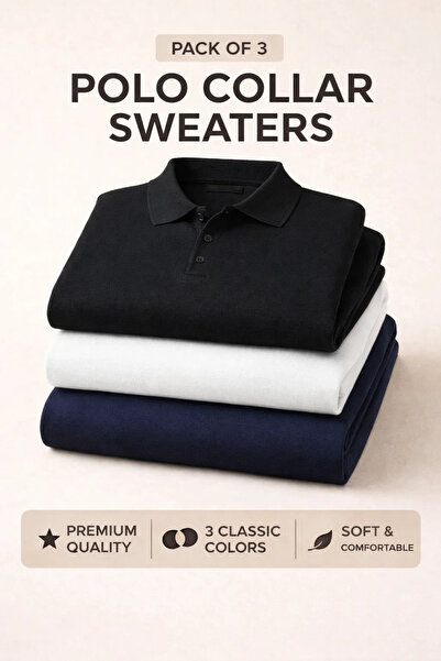 COMBİNE MİCHAİL Men's Winter Polo Collar 3-Piece Knit Sweater