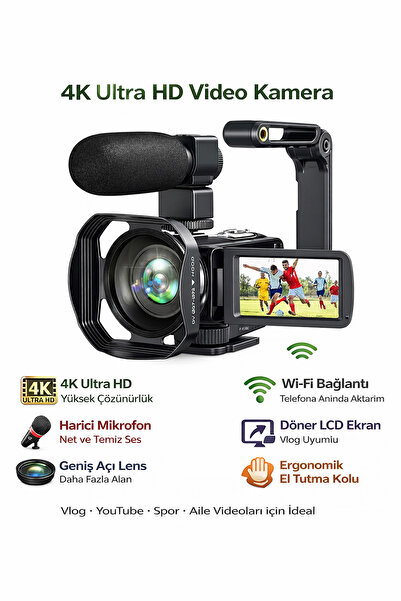 qasul 4K Ultra HD Video Kamera Wi-Fi, Döner Dokunmatik Ekran Vlog YouTube İçi...