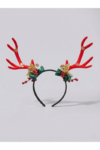 4Berry Coroană cu coarne de cerb roșii cu tematică de Anul Nou - Accesoriu de lux pentru petrecerea de Crăciun cu clopoței, kokina și detalii de zăpadă
