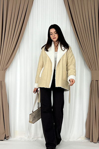 Klex Plush Collar Detailed Belted Women's Coat-Cream - XL