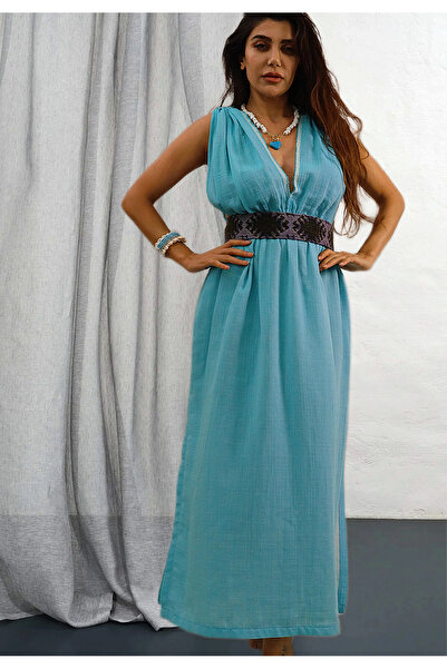 Su Koleksiyon Azi̇ze Bohem Styl Muslin Dress / Turquoise