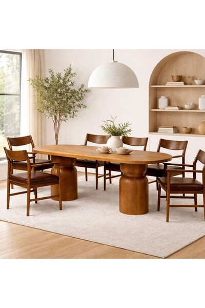 Albero Home 160X90 OVAL MASİF AYAKLI YEMEK MASASI TAKIMI | 6 KAYIN AĞACI KOLLU SANDALYE