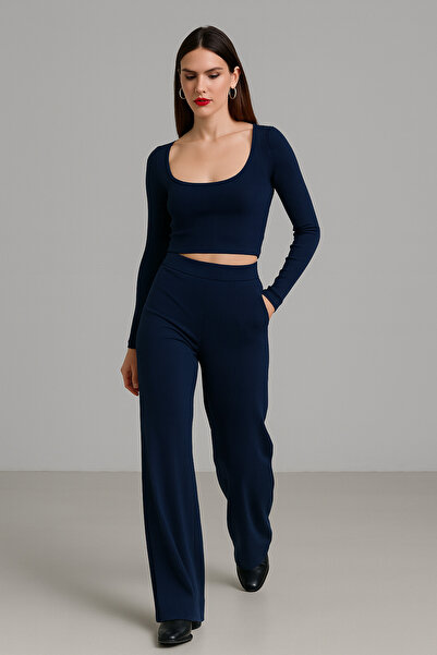 WILD BEE Women's Navy Blue Wide Leg Corded Fabric Piece Set