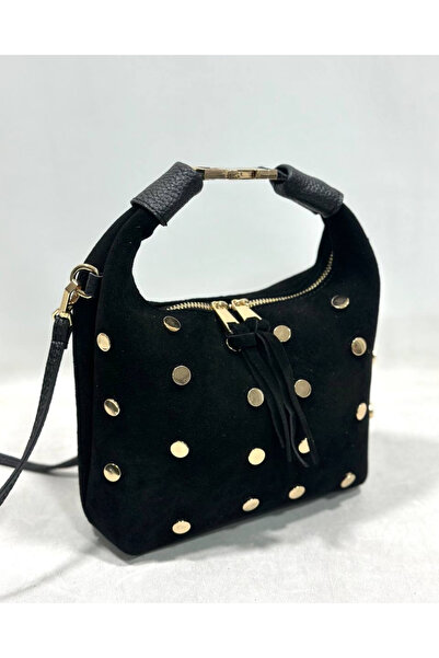 Qualia Butik حقيبة يد نسائية صغيرة من جلد الغزال الحقيقي بتفاصيل مزخرفة باللو...