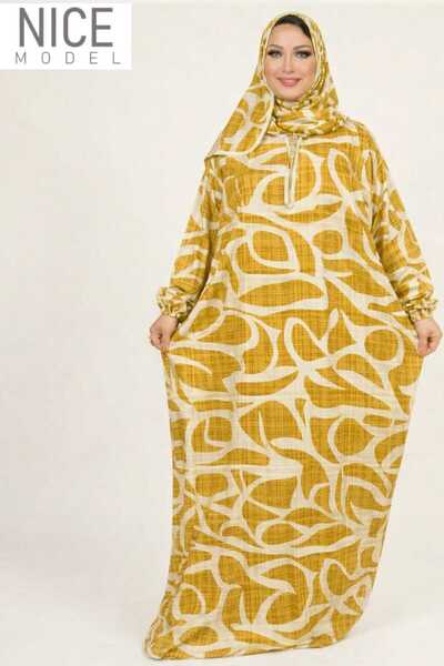 TREN عباية صفراء خردلية اللون، مطبوعة بنقشة تجريدية ، بغطاء رأس رأس وأكمام طويلة، فستان صلاة قصة فضفاضة بمقاسات كبيرة، فستان إسلامي