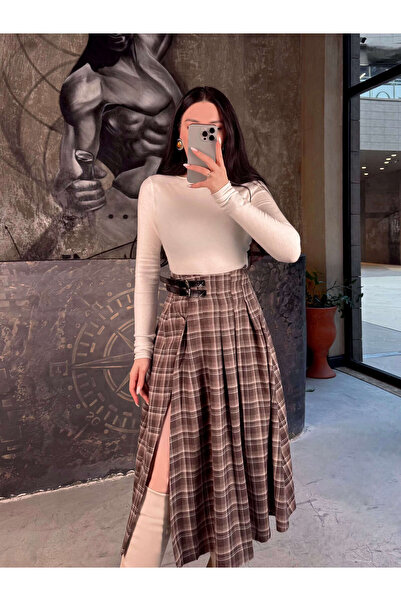 missswans Xayer Kemer Detaylı Ekose Desenli Midi Boy Etek Kahve