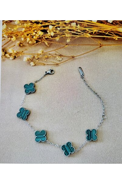 Markiz Takı Silver Color Green Stone Clover Bracelet