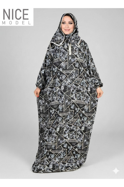 Nice Model Black White Geometric Floral Patchwork Hooded Abaya Zipper Plus Size Muslim Modest Maxi Dress