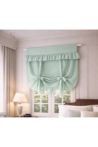 shules collection Mint Green Retro Background Curtain with Binding Details (100% Cotton Fabric)