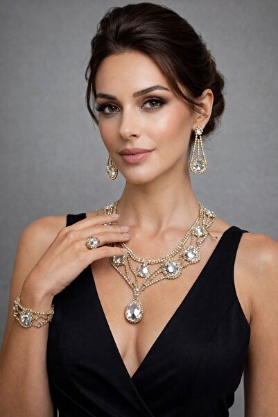 MİHRES KRİSTAL TAŞLI VİNTAGE DAMLA ZARİF IŞILTI ABİYE TAKI SETİ 4'LÜ SET