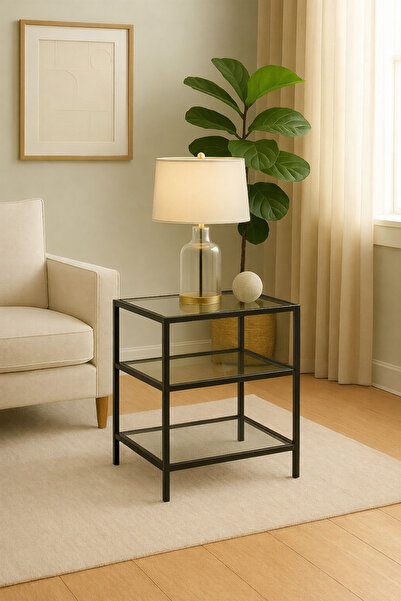 Trendmiz VELMARK Modern Loft Tarz 3 Katlı şeffaf Cam Sehpa – Siyah Metal Gövd...