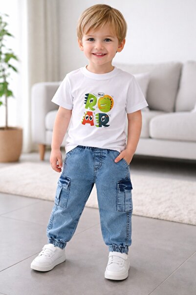 Chicsy Baby بنطال جوجر من قماش الدنيم الناعم للأطفال الأولاد وتي شيرت ديناصور...