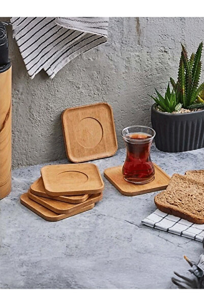 ERKUGO 6’lı Bambu Kare Çay Tabağı Seti 10x10 cm – Doğal Ahşap Görünümlü Servi...