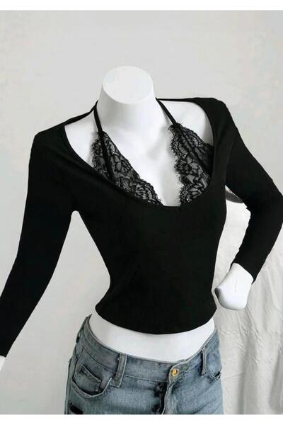 İsra Ayyıldız Moonstar Collection Dantel Yakalı Uzun Kolllu Siyah Gotik Bluz