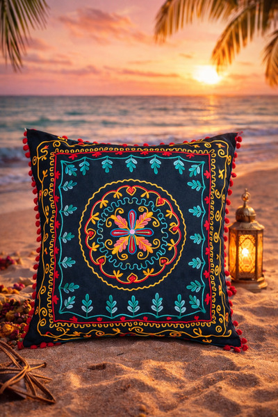 Miss Boheme Black Color Nomadic Heart Embroidered Pompom Bohemian Pillow Case...