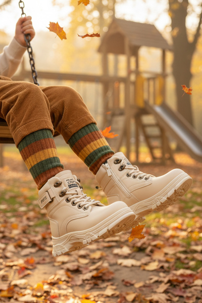 WALKWAY 24035 F حذاء أطفال للجنسين ذو نعل غير قابل للانزلاق من الصوف البيج