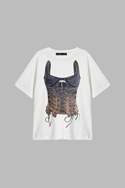 Bak Moda Corset din denim cu imprimeu croi relaxat Alb Femei tricou