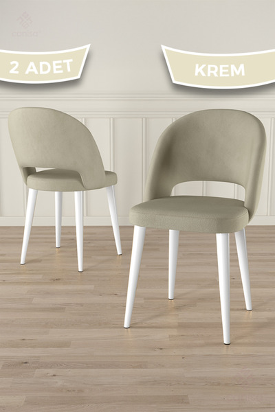 Canisa Pane Serisi 2 Adet Krem Mutfak Sandalyesi Babyface Kumaş Beyaz Ayak
