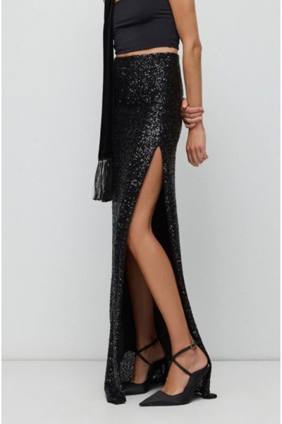 MERİT FASHION Derin Yırtmaç Detaylı Maxi Boy Payet Etek