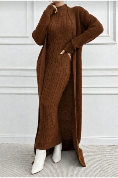 Elfin Women's Stylish 2-Piece Women's Knitwear Set Vintage Hair Braid Patterned Long Cardigan Sweater Dress Set Winter