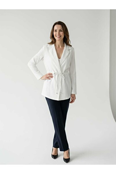 LOVE BEYAZ RENK BEL BAĞLAMALI KETEN CEKET