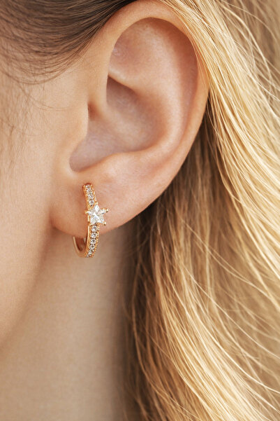 Sacce Scarves&Accessories Star Detailed Hoop Earrings – Rose Gold Hoop Model with Zircon Stones