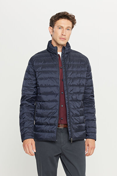 ALTINYILDIZ CLASSICS Men's Navy Blue Standard Fit Regular Cut Casual Coat with Mock Neck Side Pockets