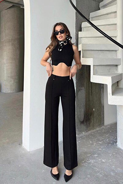 Mine Tan Butik Detailed stitching Palazzo Pants - black